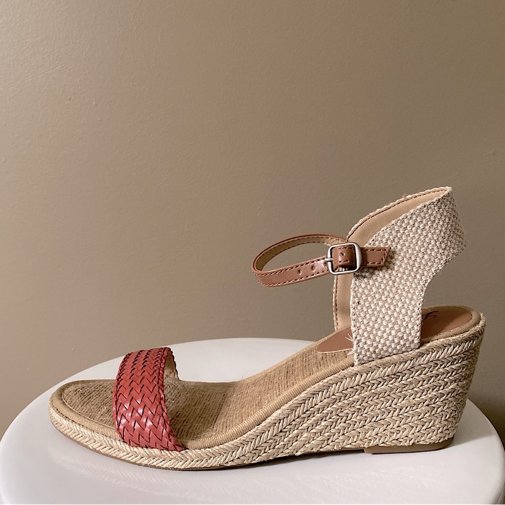 LUCKY BRAND KAVELLI WOVEN ESPADRILLES SANDALS WEDGE HEEL OPEN TOE Tan Red 9.5